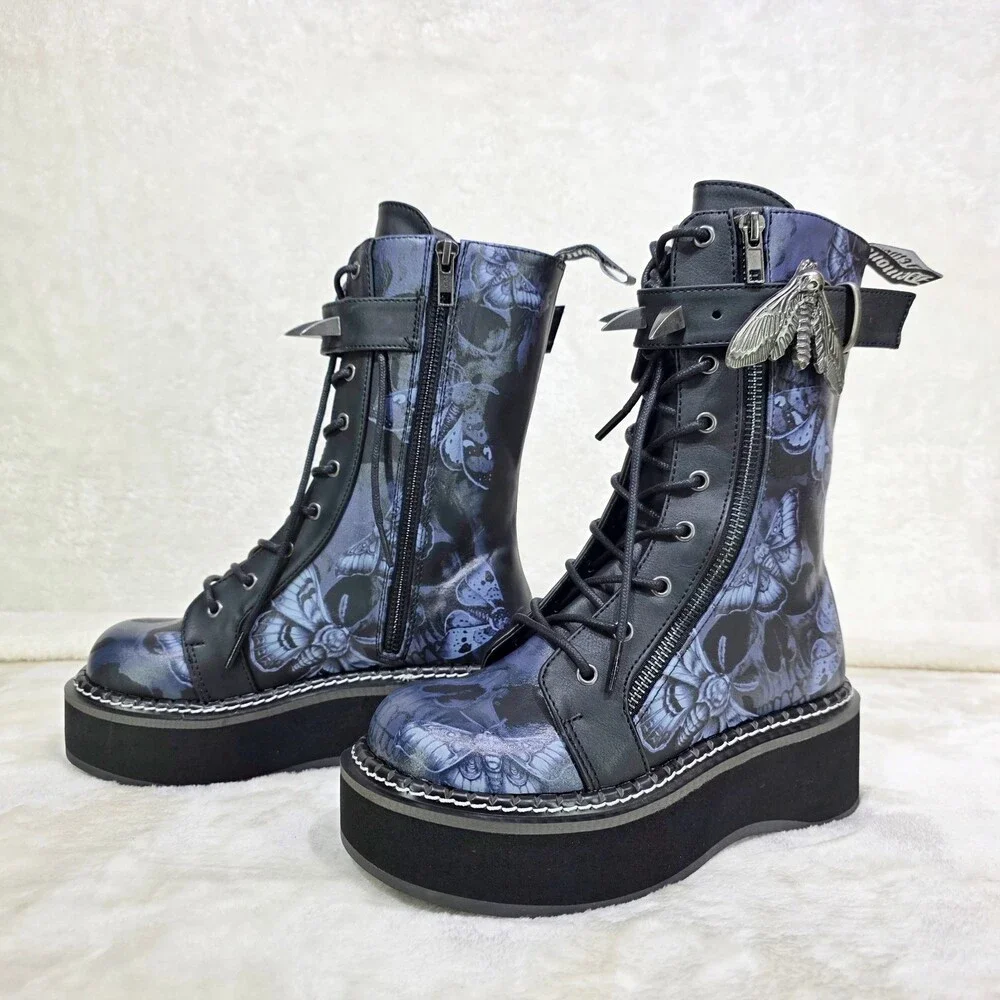 NIB NEW DEMONIA Emily Death Moth Skull Graphic Platform Goth Punk Mid Calf Boots - Picture 14 of 16